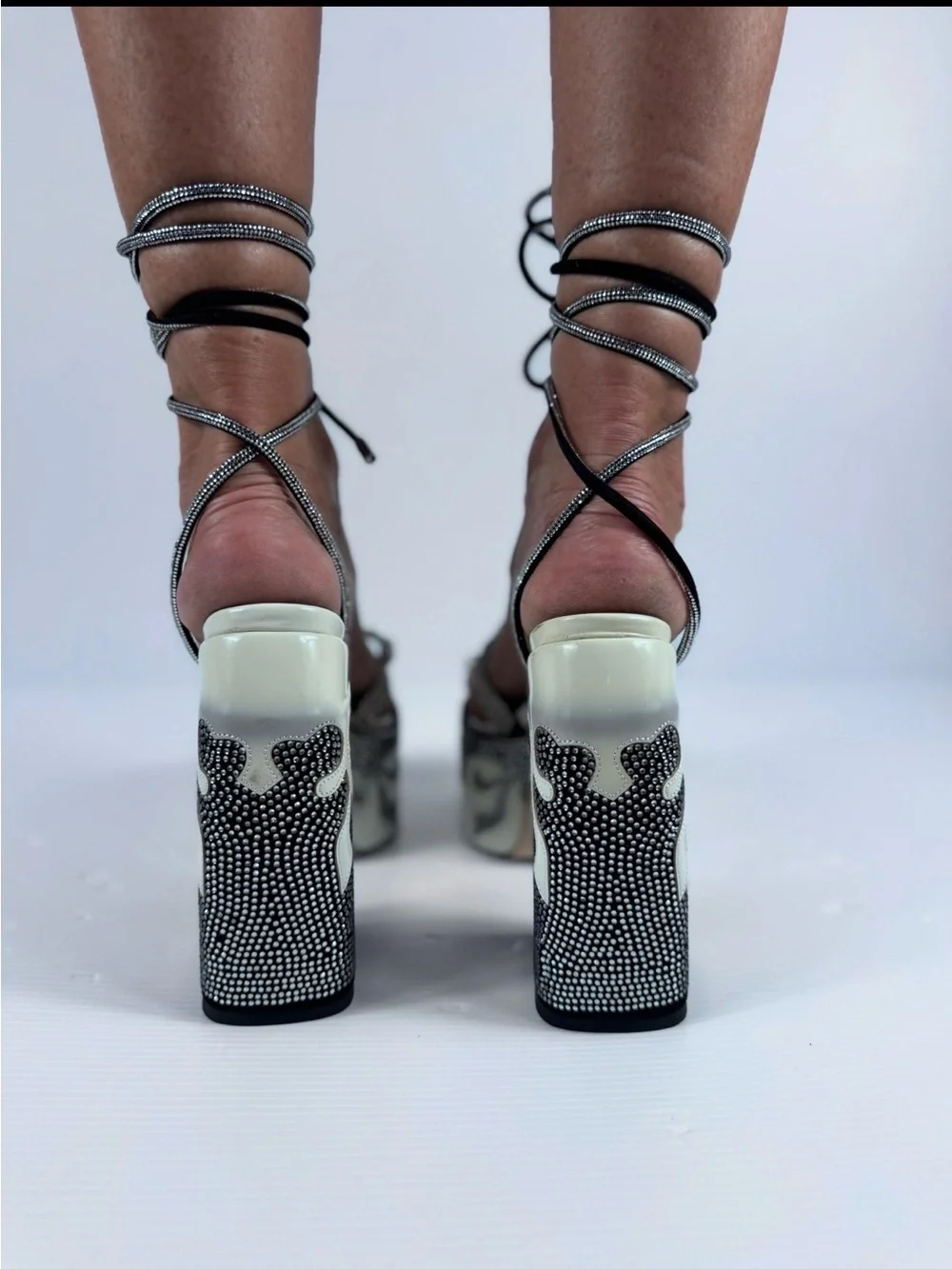 Azalea Wang Black White Rhinestone Platform Lace Up Heels